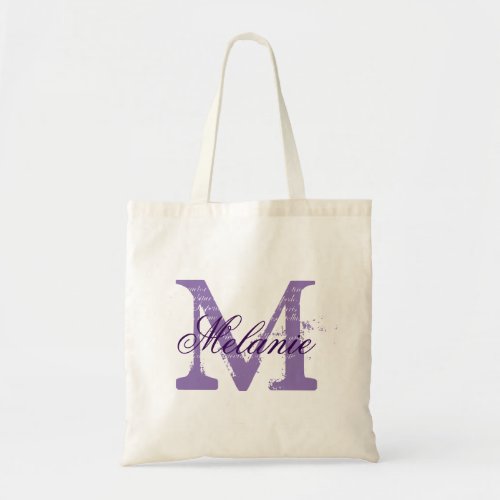 Personalized purple monogram wedding tote bag