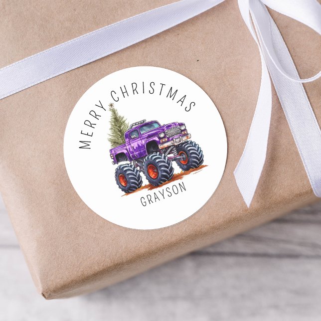 Personalized Purple Monster Truck Christmas Gift Classic Round Sticker (Creator Uploaded)