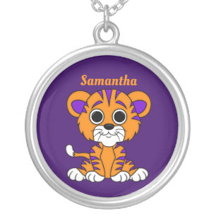 Personalized Purple 'n Orange Baby Tiger Silver Plated Necklace