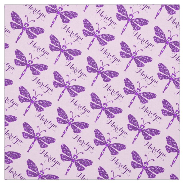 Personalized purple name dragonfly inked pattern fabric (Swatch)
