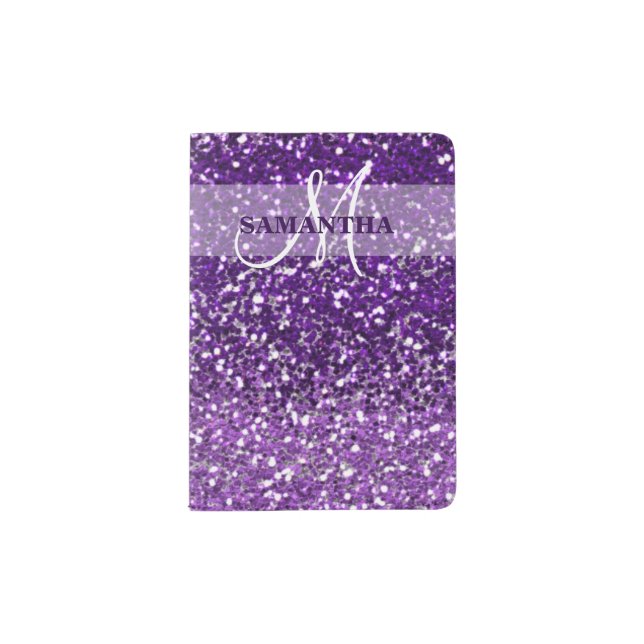 Personalized Purple Ombre Glitter Name Monogram Passport Holder (Front)