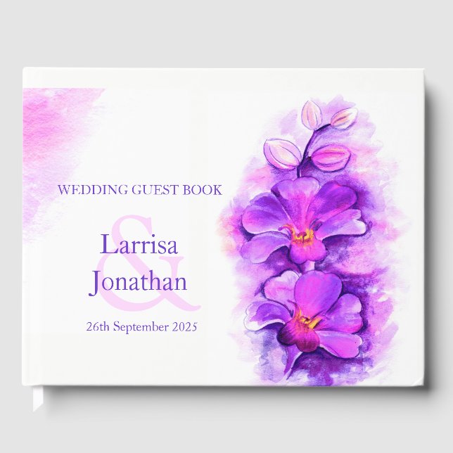 Personalized purple orchid art wedding guest book (Front)