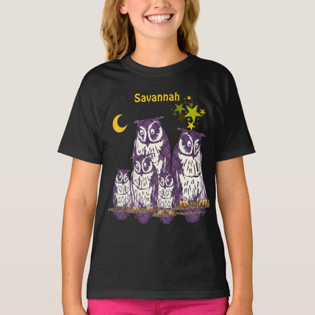 Personalized  Purple Owls Moon and Stars Baby T-Shirt (Front)