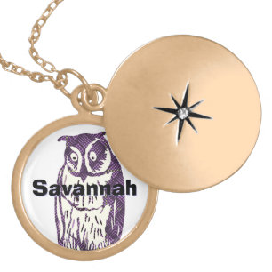 Personalized Purple Owls Moon and Stars Locket Necklace