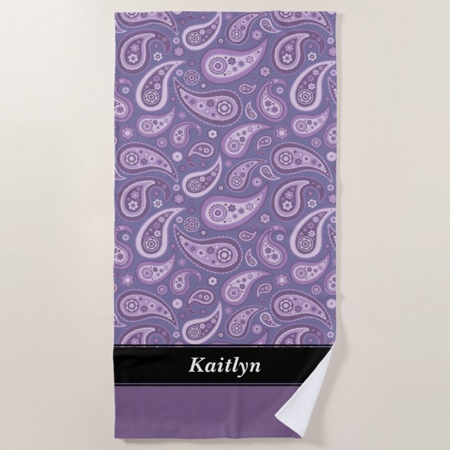 Personalized Purple Paisley Pattern Beach Towel (Front)