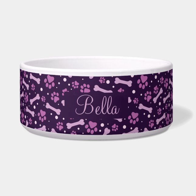 Personalized Purple Paw Prints Dog Bowl (Front)