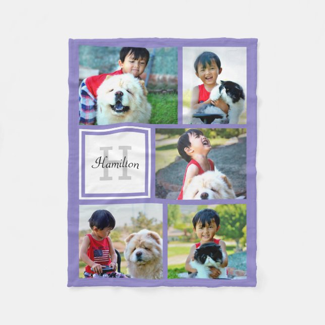 Personalized Purple Photo Collage Monogrammed Gift Fleece Blanket (Front)