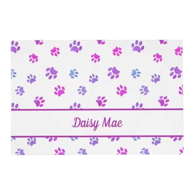 Personalized Purple Pink Blue Paw Prints Pet Placemat (Front)