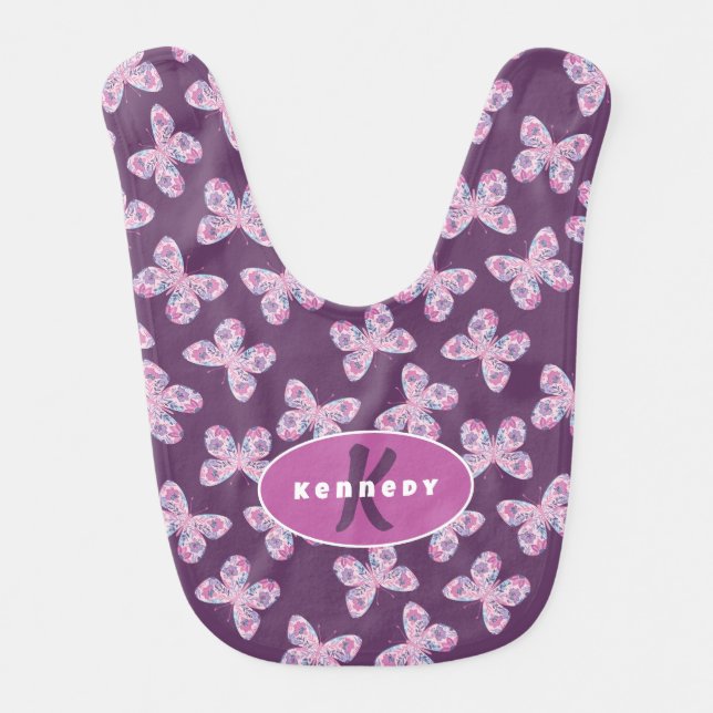 Personalized Purple Pink Floral Butterfly Print  Baby Bib (Front)
