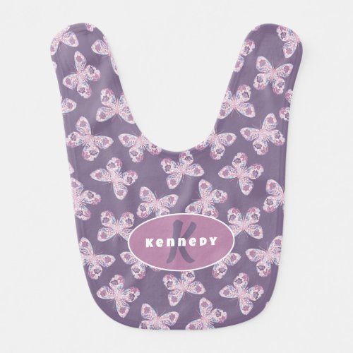 Personalized Purple Pink Floral Butterfly Print  Baby Bib