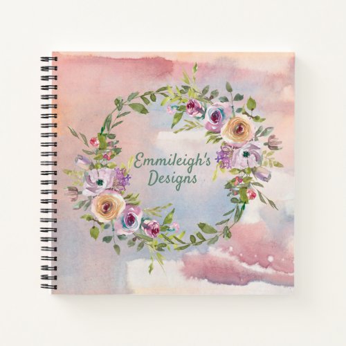 Personalized Purple Pink Floral Wreath Leaves Notebook