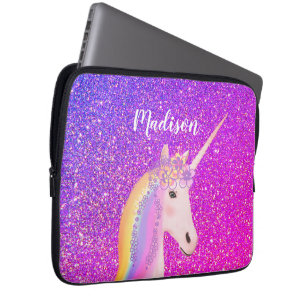 Personalized Purple Pink Glitter Unicorn Laptop Sleeve