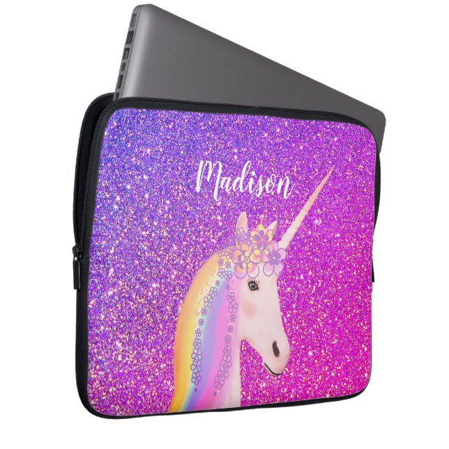 Personalized Purple Pink Glitter Unicorn Laptop Sleeve (Front Right)