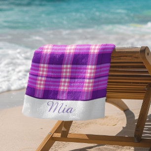 Personalized Purple Pink Plaid Beach Towel