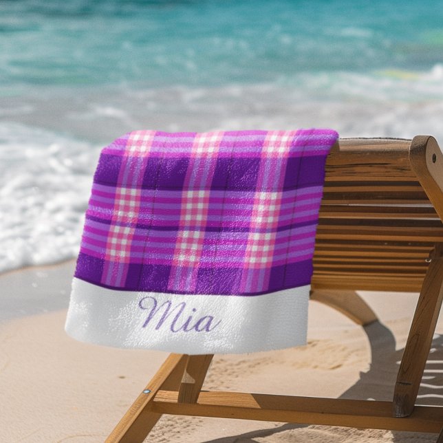 Personalized Purple Pink Plaid Beach Towel (Creator Uploaded)