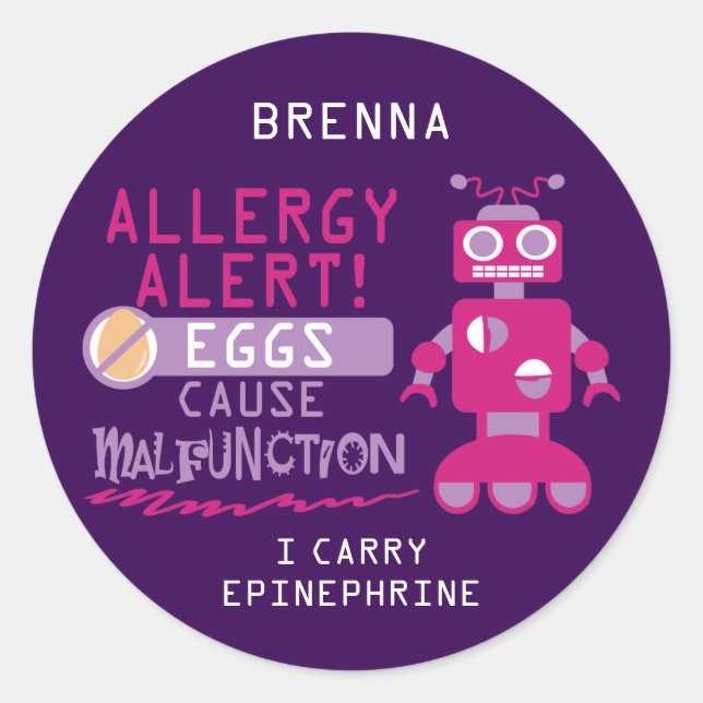 Personalized Purple Pink Robot Egg Allergy Alert Classic Round Sticker (Front)