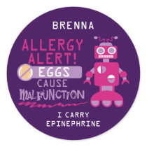 Personalized Purple Pink Robot Egg Allergy Alert Classic Round Sticker