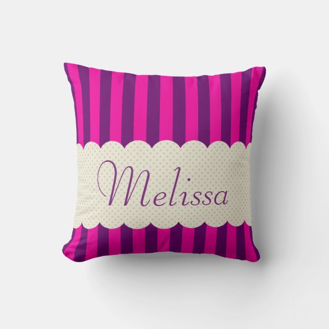 Personalized Purple Pink Stripes Polka Dots Design Throw Pillow (Front)