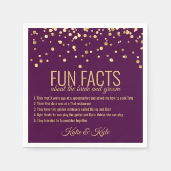 Personalized Purple Plum Gold Confetti Fun Facts Napkins by UniqueWeddingShop at Zazzle