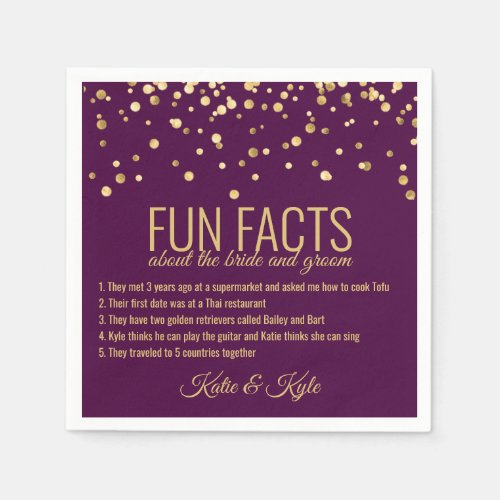 Personalized PURPLE PLUM Gold Confetti FUN FACTS Napkins