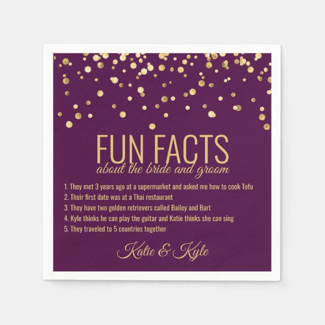 Personalized PURPLE PLUM Gold Confetti FUN FACTS Napkins (Front)