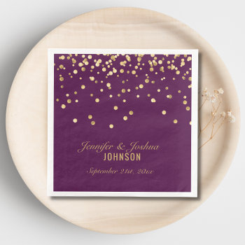 Personalized Purple Plum Gold Confetti Wedding Napkins by UniqueWeddingShop at Zazzle