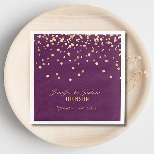 Personalized PURPLE PLUM Gold Confetti Wedding Napkins