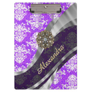 Personalized purple pretty girly damask pattern clipboard