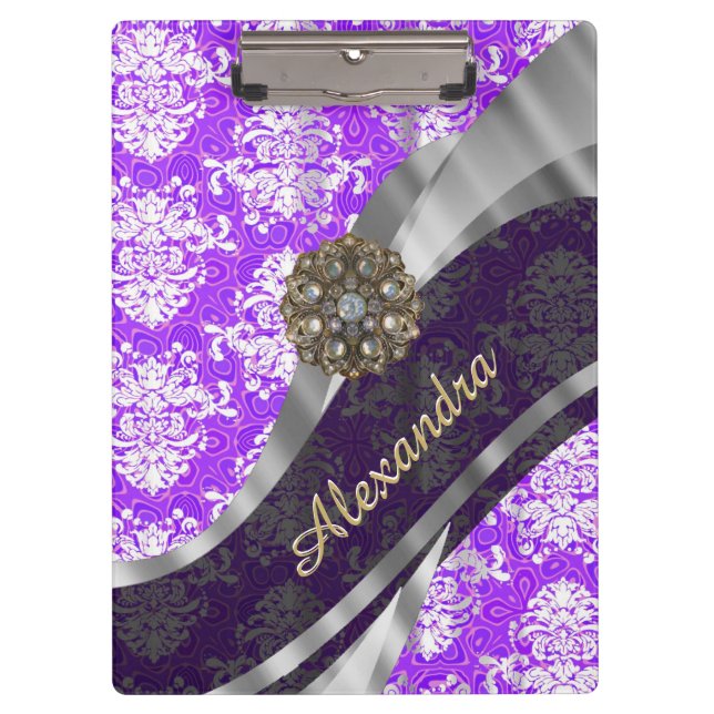 Personalized purple pretty girly damask pattern clipboard (Front)