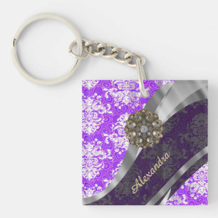 Personalized purple pretty girly damask pattern keychain