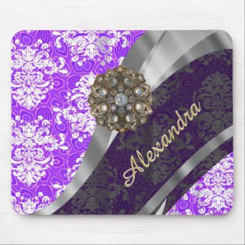 Personalized Purple Pretty Girly Damask Pattern Mouse Pad by monogramgiftz at Zazzle