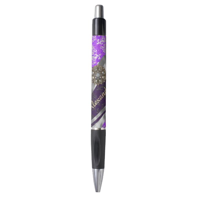 Personalized purple pretty girly damask pattern pen (Front Vertical)