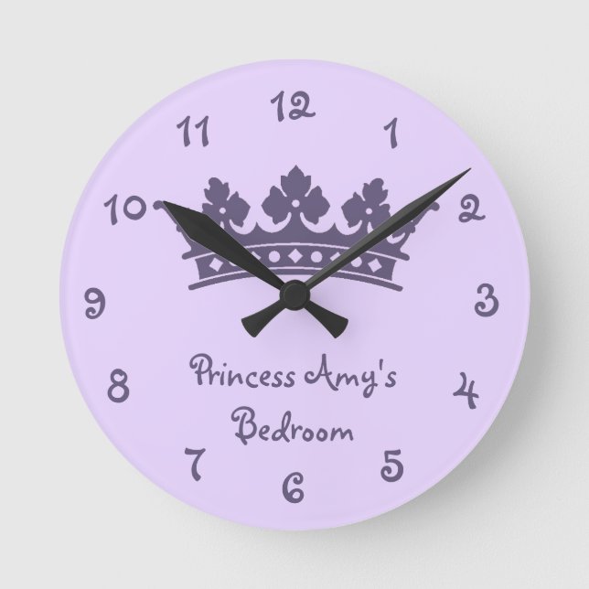 Personalized Purple Princess Girl's Bedroom Round Clock (Front)