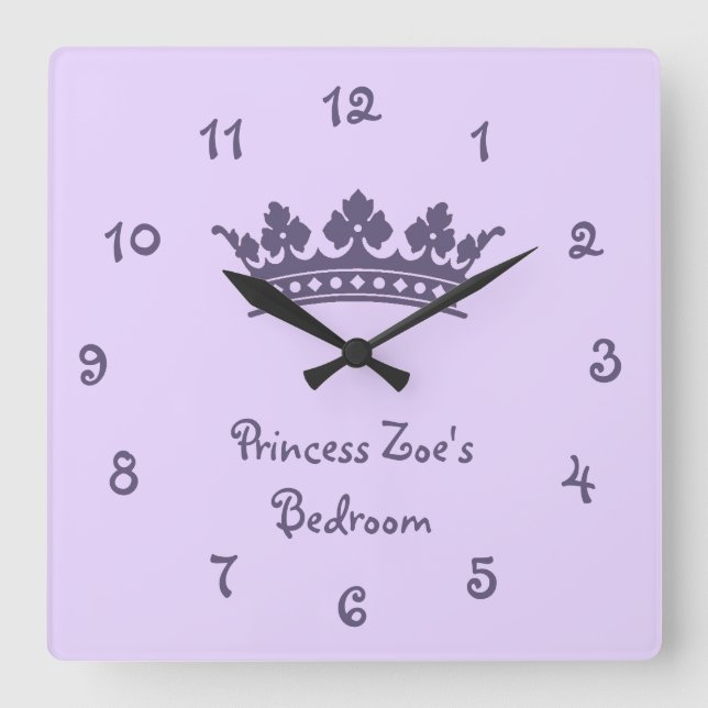 Personalized Purple Princess Girl's Bedroom Square Wall Clock (Front)