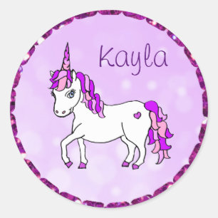 Personalized Purple Rainbow Horned Unicorn Heart Classic Round Sticker
