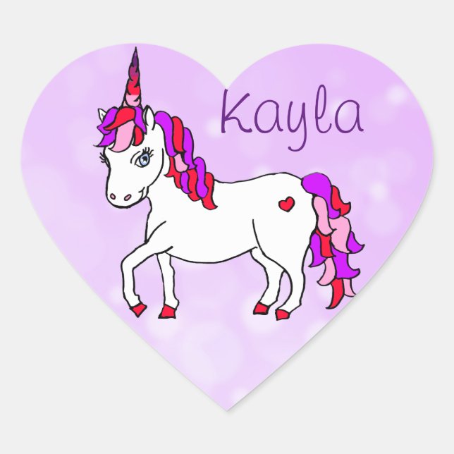 Personalized Purple Rainbow Horned Unicorn Heart Heart Sticker (Front)