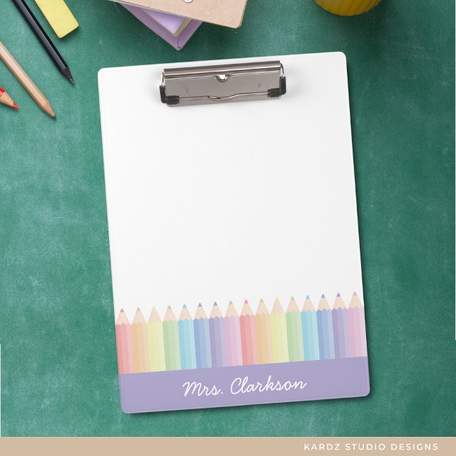 Personalized Purple Rainbow Pencils Teacher Clipboard (Personalize this pastel color pencils rainbow clipboard for your favorite teacher.)
