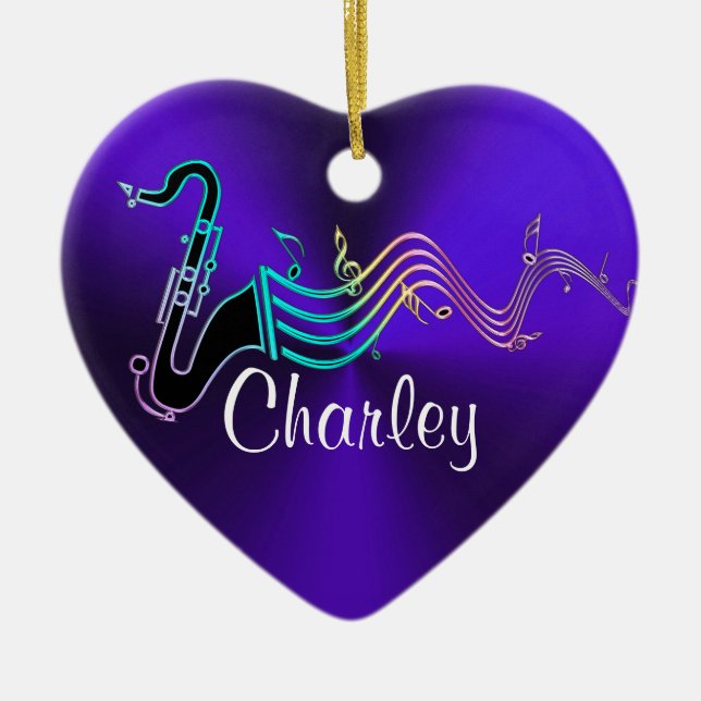Personalized Purple Saxophone Music Holiday Heart Ceramic Ornament (Front)