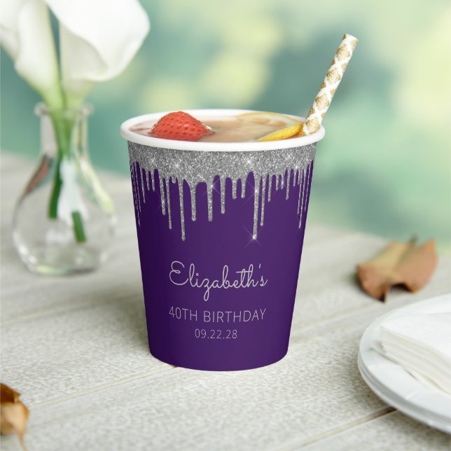 Personalized Purple Silver 40th Birthday Party Paper Cups (Insitu)