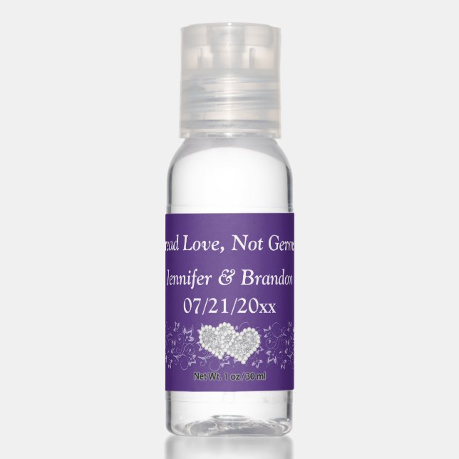Personalized Purple, Silver Floral Hearts Wedding Hand Sanitizer (Front)