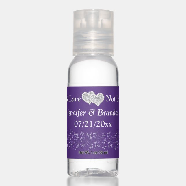 Personalized Purple, Silver Floral Hearts Wedding  Hand Sanitizer (Front)