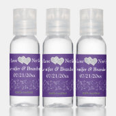 Personalized Purple, Silver Floral Hearts Wedding  Hand Sanitizer (Set)