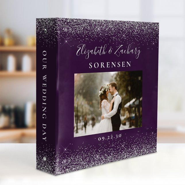 Personalized Purple Silver Glitter Wedding Photo 3 Ring Binder (Creator Uploaded)