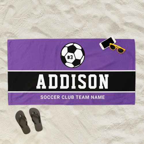 Personalized Purple Soccer Player Name Beach Towel