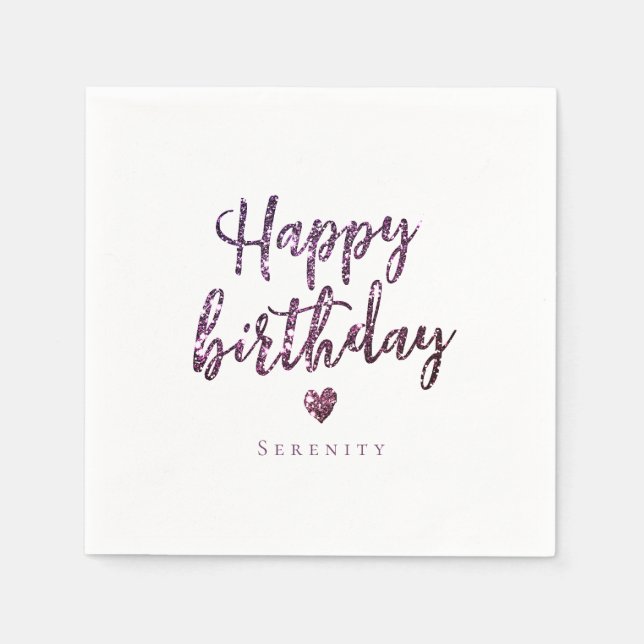 Personalized purple sparkle glitter happy birthday napkins (Front)