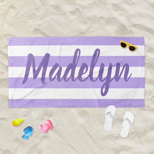Personalized Purple Striped Script Name Beach Towel