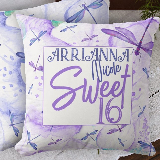 Personalized Purple Sweet 16 Dragonflies Throw Pillow (purple blue dragonflies personalized sweet 16 birthday throw pillow cute spring flowers)