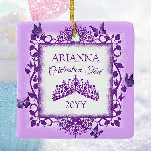 Personalized Purple Tiara &amp; Butterflies Keepsake Ceramic Ornament