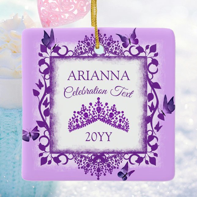 Personalized Purple Tiara & Butterflies Keepsake Ceramic Ornament (personalized tree ornament with purple butterflies and tiara, congratulations, commemorative gift)