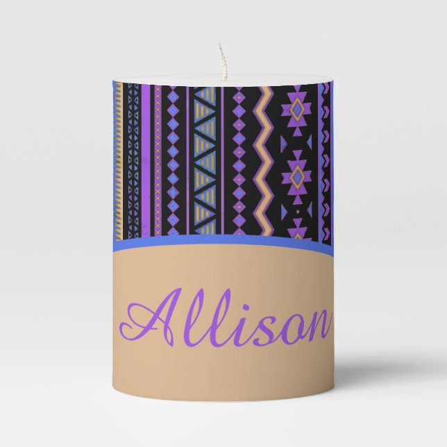 Personalized Purple tribal design  Pillar Candle (Front)